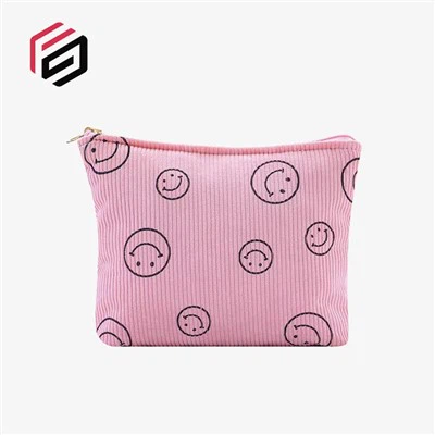Corduroy Smiling Face Printed Cosmetic Bag